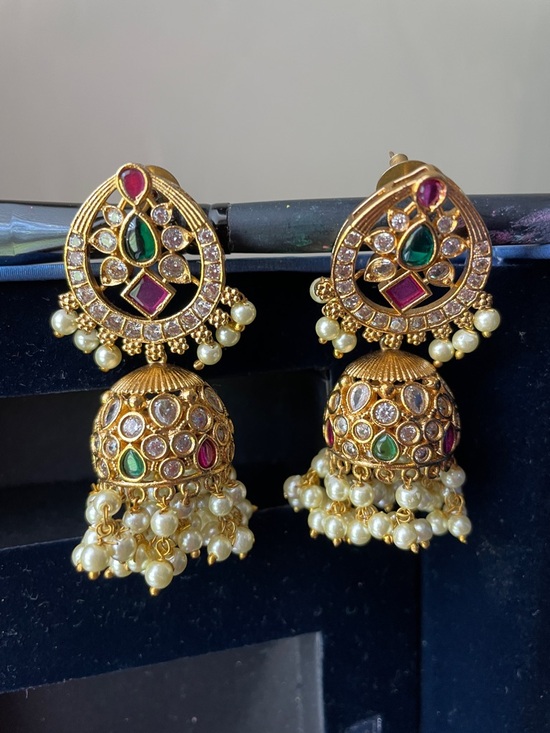 Jewelry - Gold-Tone Pearl Jhumka Earrings with Green & Pink Stones